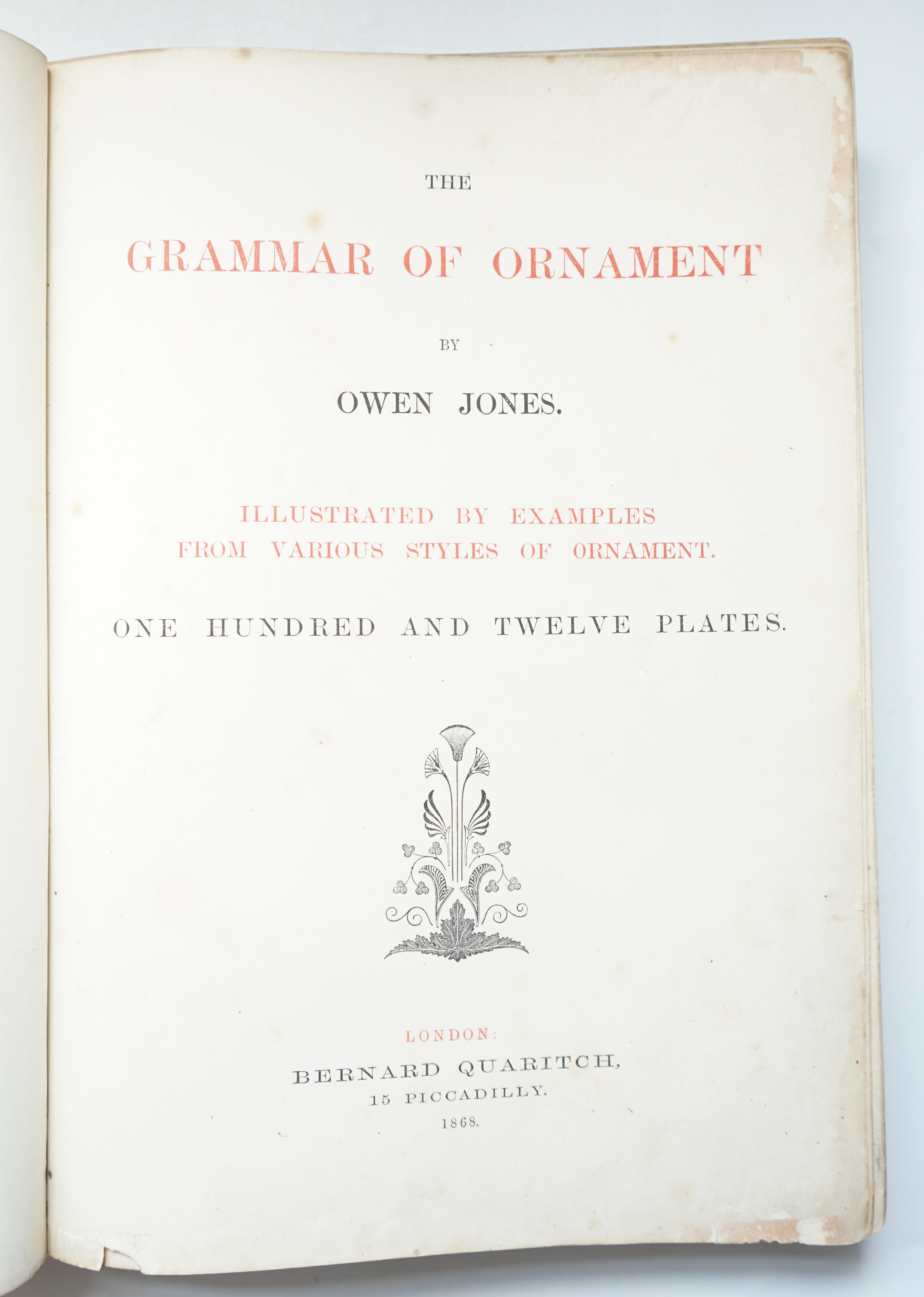 Jones, Owen - The Grammar of Ornament, chromolithograph title, 111 tissue guarded plates, text-illustrations, renewed half calf with marbled boards, renewed labels and endpapers, Bernard Quaritch, London, 1868.